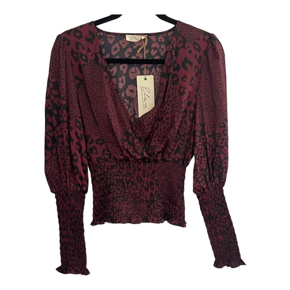 Elan Size S Burgundy Leopard Print Smocked Waist & Cuff Blouse V-Neck
